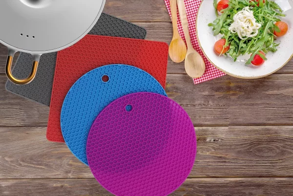 4 Pack Round & Square Silicone Trivet Mats Heat Resistant Non-Slip Hot Pot Pads - Image 2